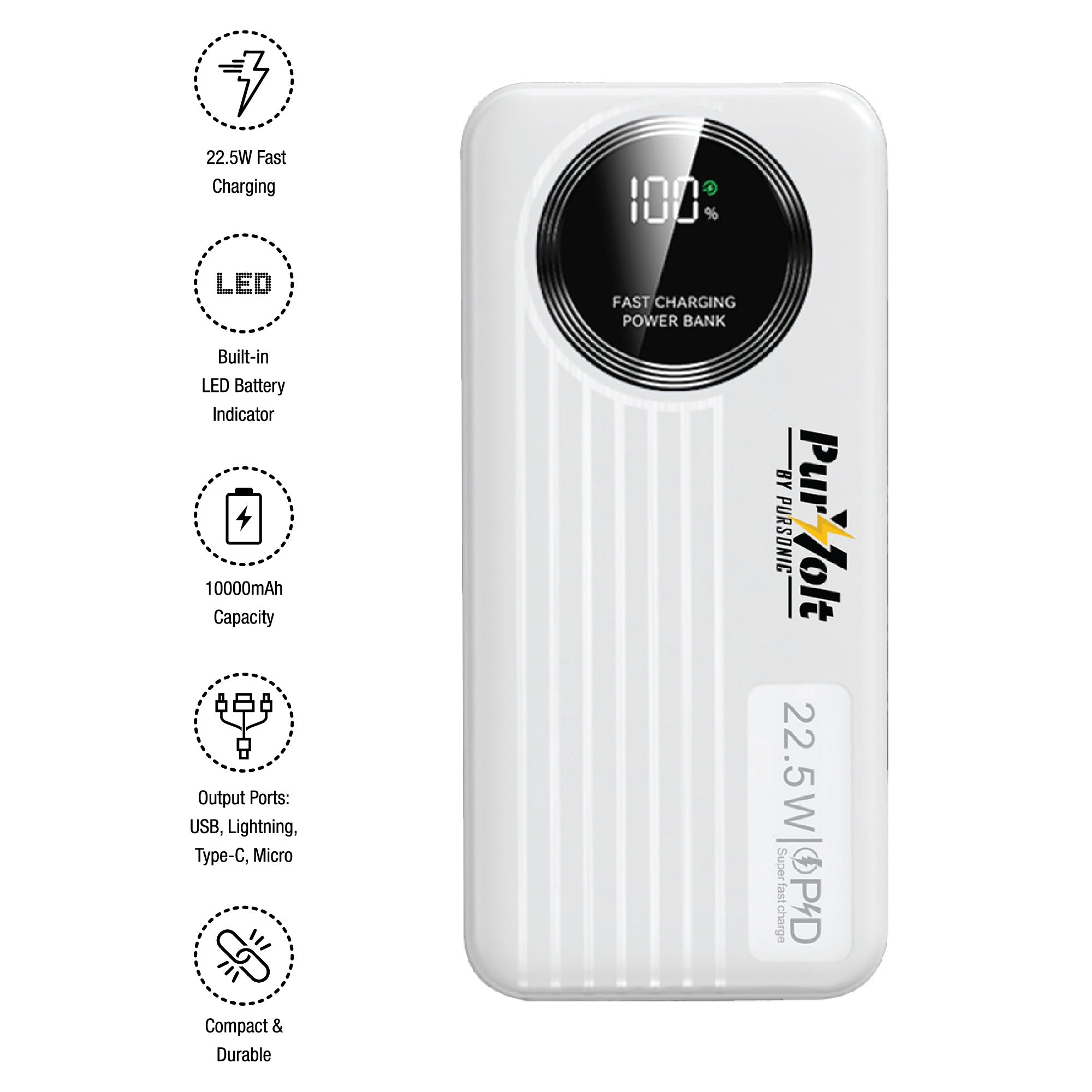 10,000mAh LED Fast Charging Power Bank – Built-in Cables, 22.5W Output, Type-C/USB/Lightning Compatibility